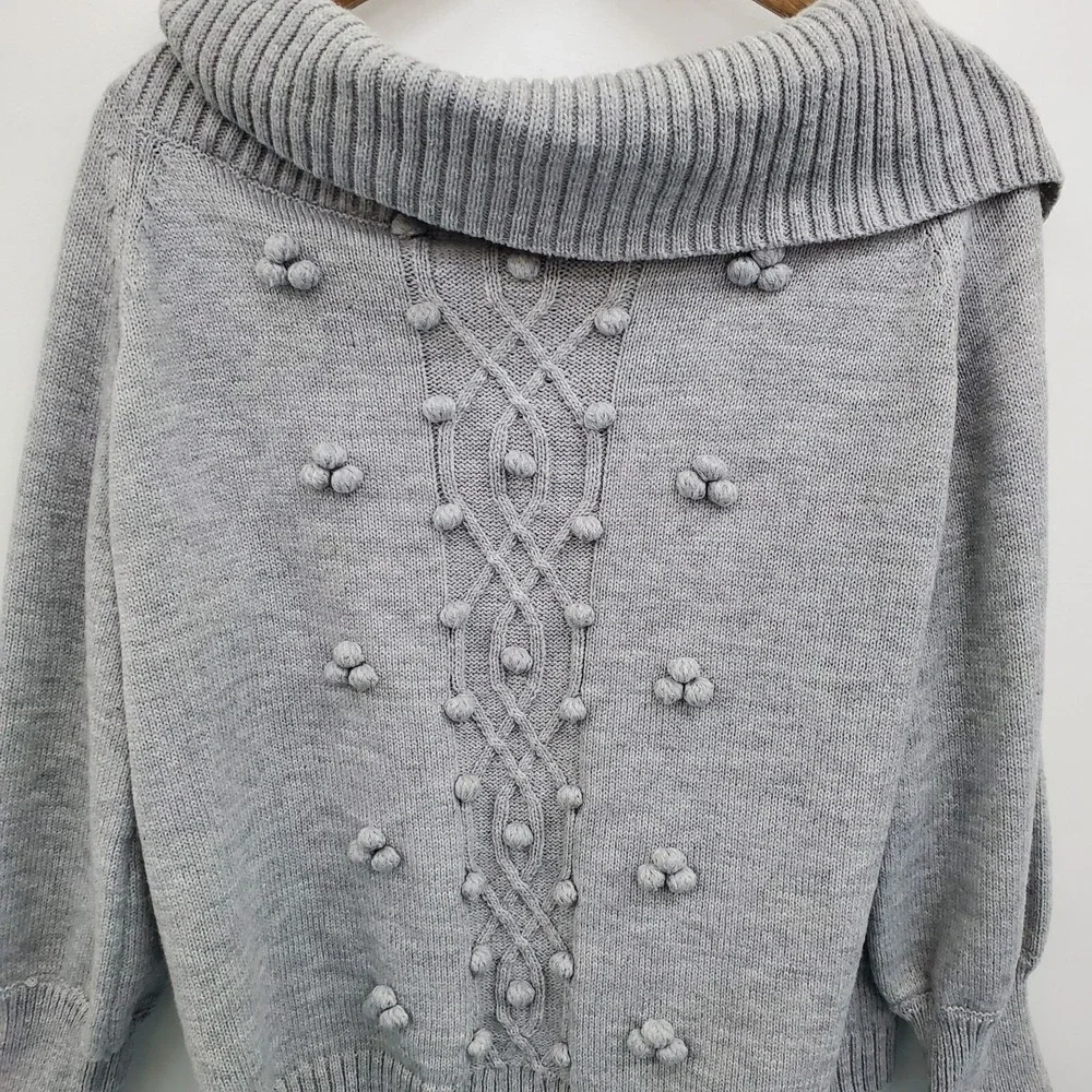 Womens 1X Gray Knit‎ Bobble Sweater Pullover Off Shoulder Slouchy Collar Winter